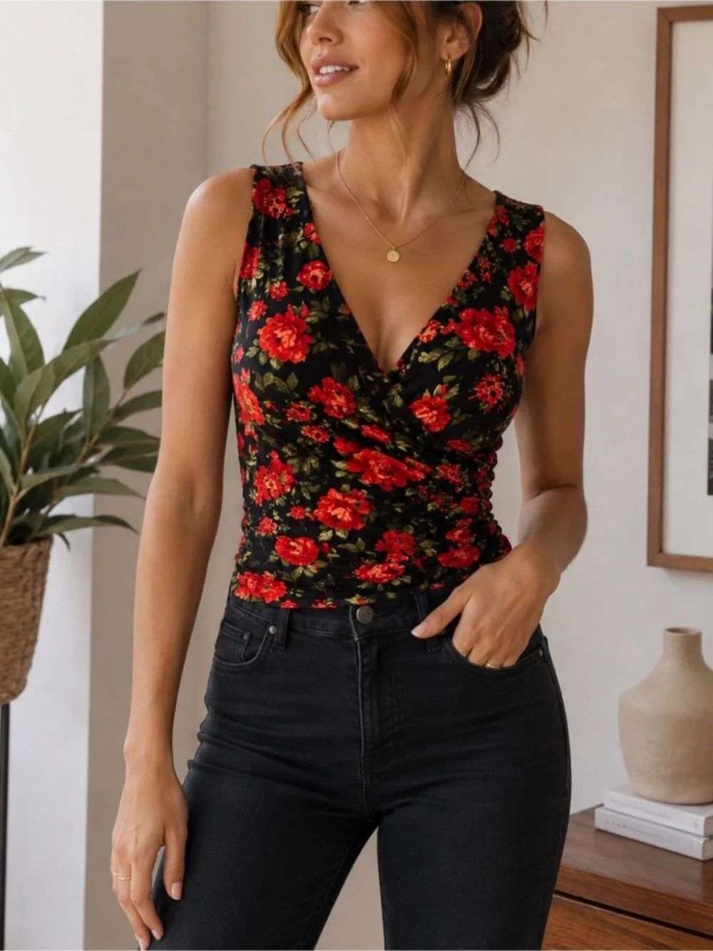 LOVE by Design Top NEW Wrap Red Rose Sleeveless V neck Red and Black Size S
